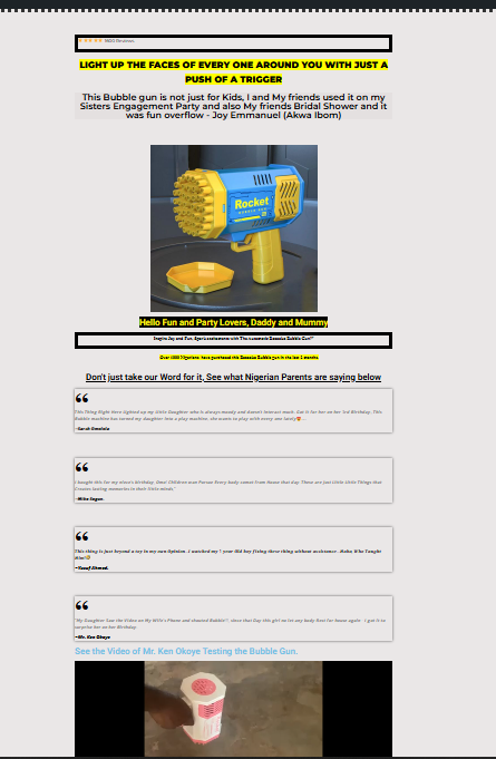 E-commerce landing page for a bubble gun 